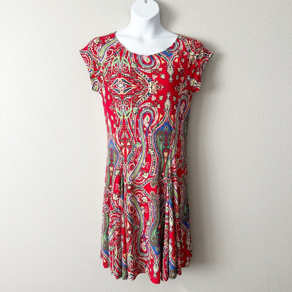 LRL Red Bohemian Paisley‎ Jersey Knit Pullover Cap Sleeve Dress Women's Size XL